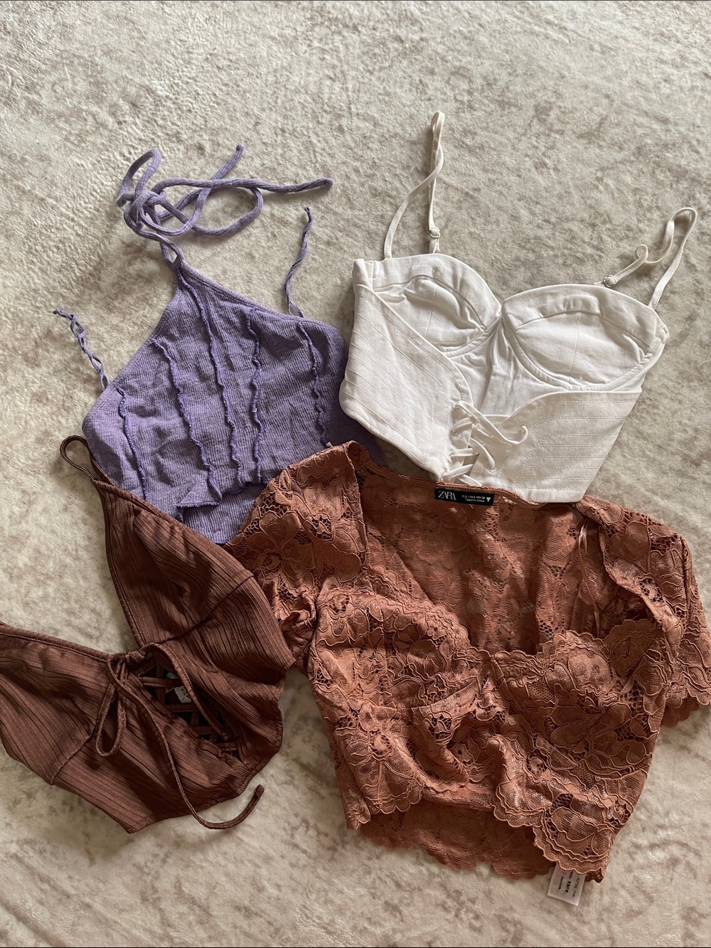 2 Zara & 2 Urban Outfitters Bundle Crop Tops — Lavender, White, Brown, Rust